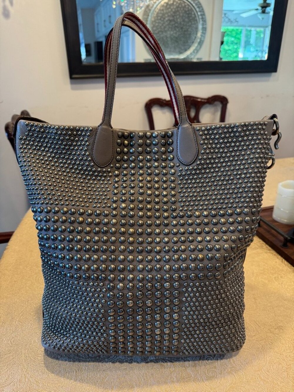 Bally Macy Studded Leather Tote Grey Luxury